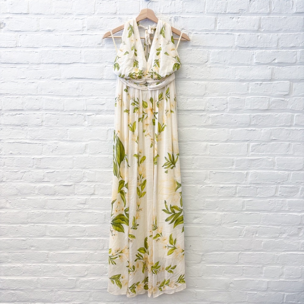 Farm Rio x Anthropologie ||‎ V-Neck Floral Chiffon Maxi Dress Ivory Yellow XS